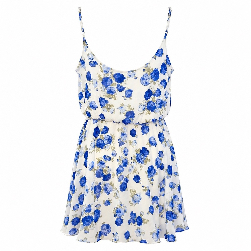 Forever 21 Mini Dress Chiffon White Blue Floral Romantic Coquette Soft Boho L - Picture 11 of 16